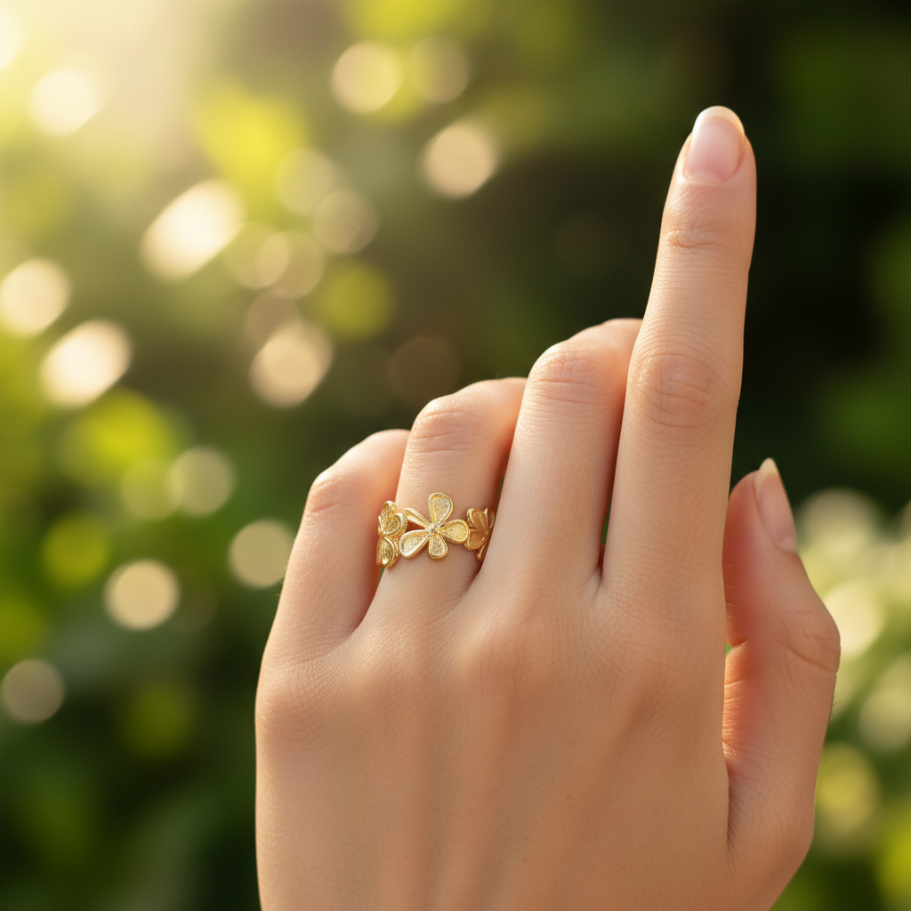 Gold flower bloom open cuff ring worn on finger with garden bokeh background