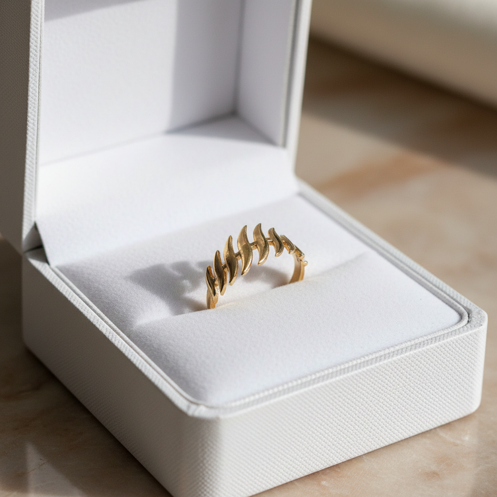 Gold Wheat Leaf Branch Adjustable Ring - Open Band Botanical Ring