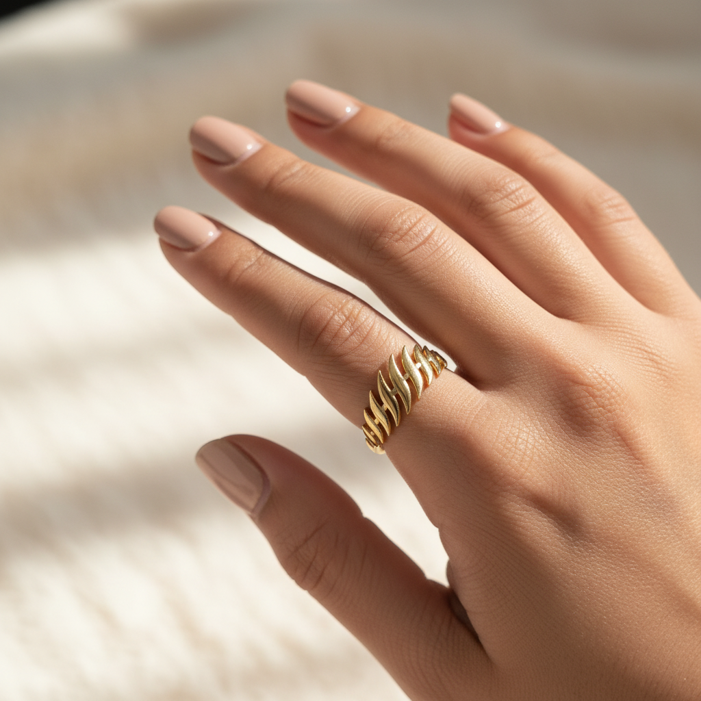 Gold Wheat Leaf Branch Adjustable Ring - Open Band Botanical Ring