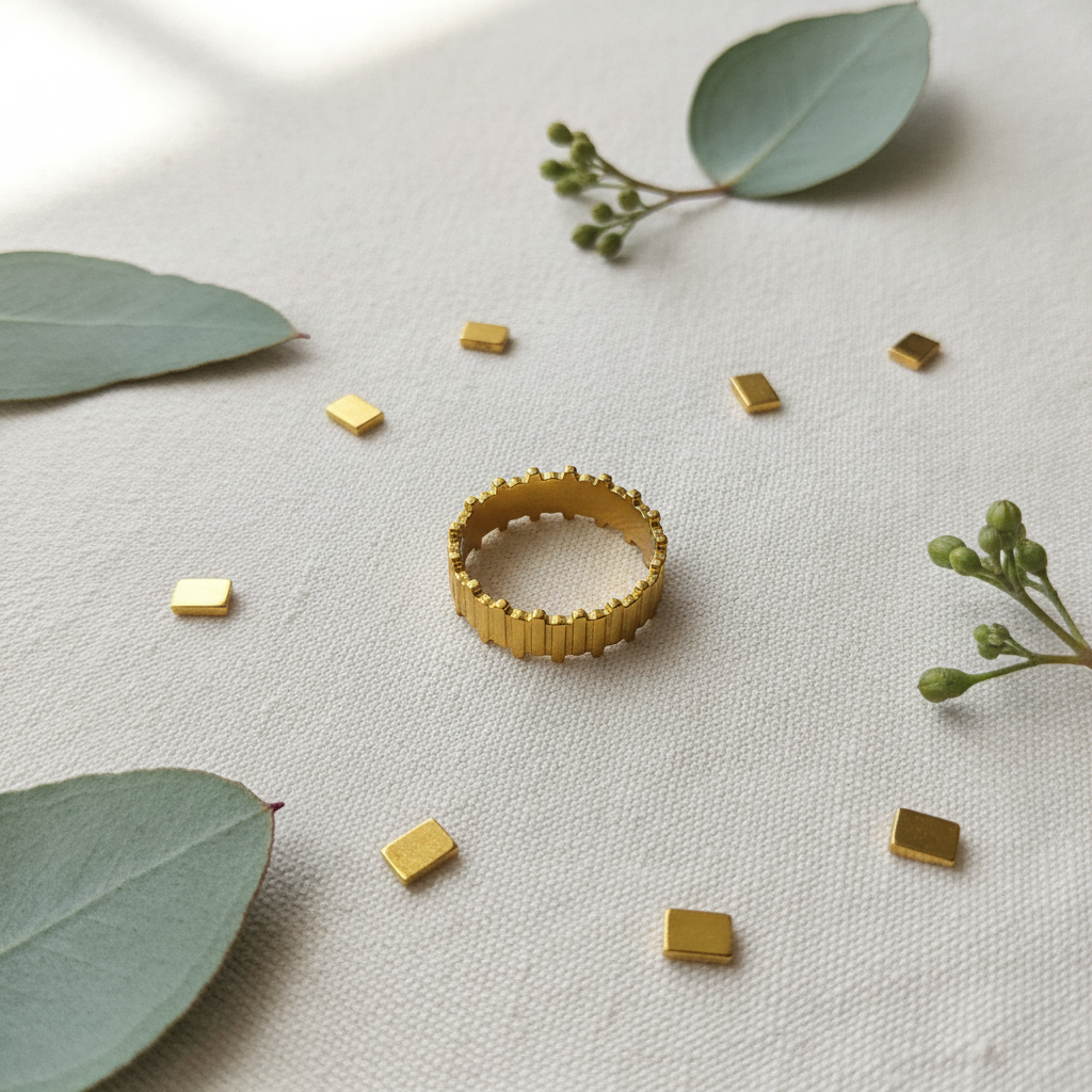 Gold vertical bar link wide band open cuff ring on ivory linen with gold rectangular pieces and eucalyptus