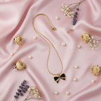 Black & Gold Bow Pendant Necklace - Stainless Steel Gold Snake Chain