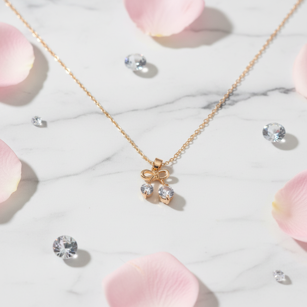 Gold Bow CZ Crystal Drop Necklace