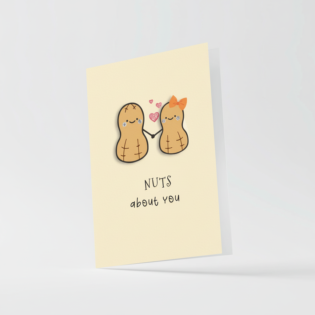 Close-up detail of peanut characters holding hands with orange bow