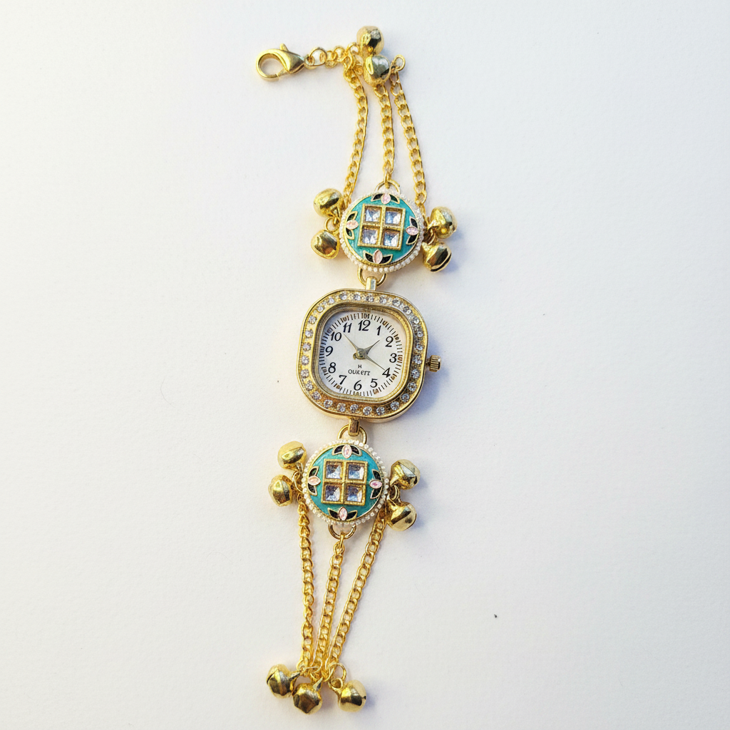 Teal Kundan Lattice Bracelet Watch - White Background Studio Shot