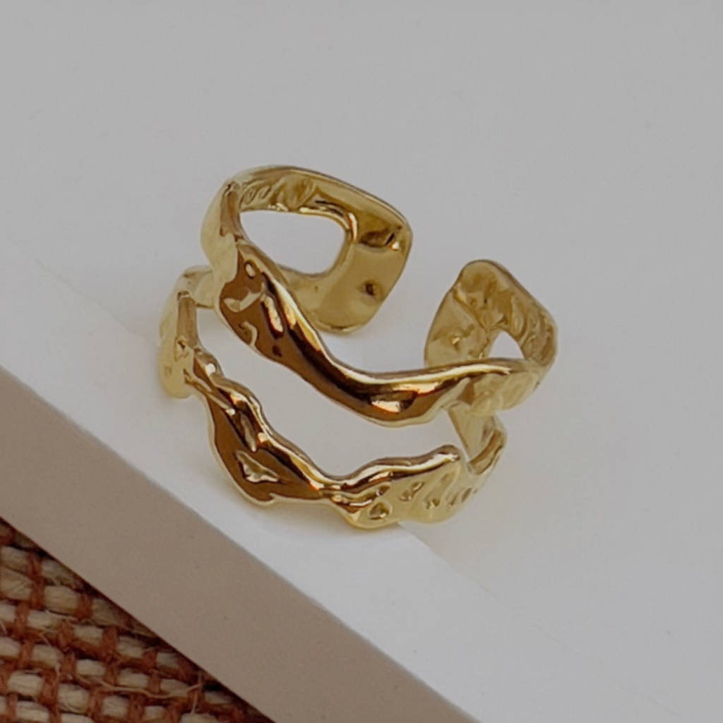 Gold Molten Lava Double Wave Open Cuff Ring - white marble product shot