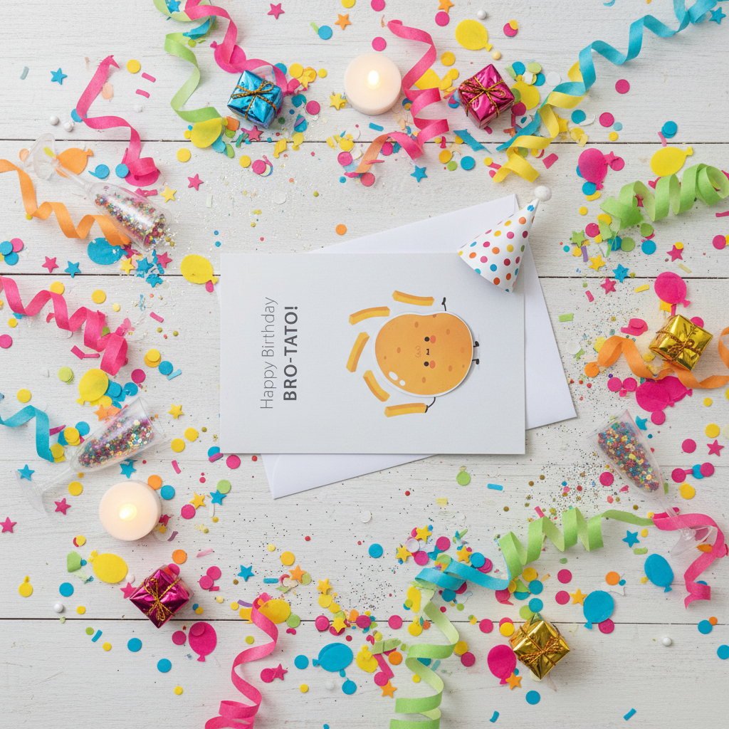 Flat lay composition of bro-tato birthday card with envelope and celebration decorations