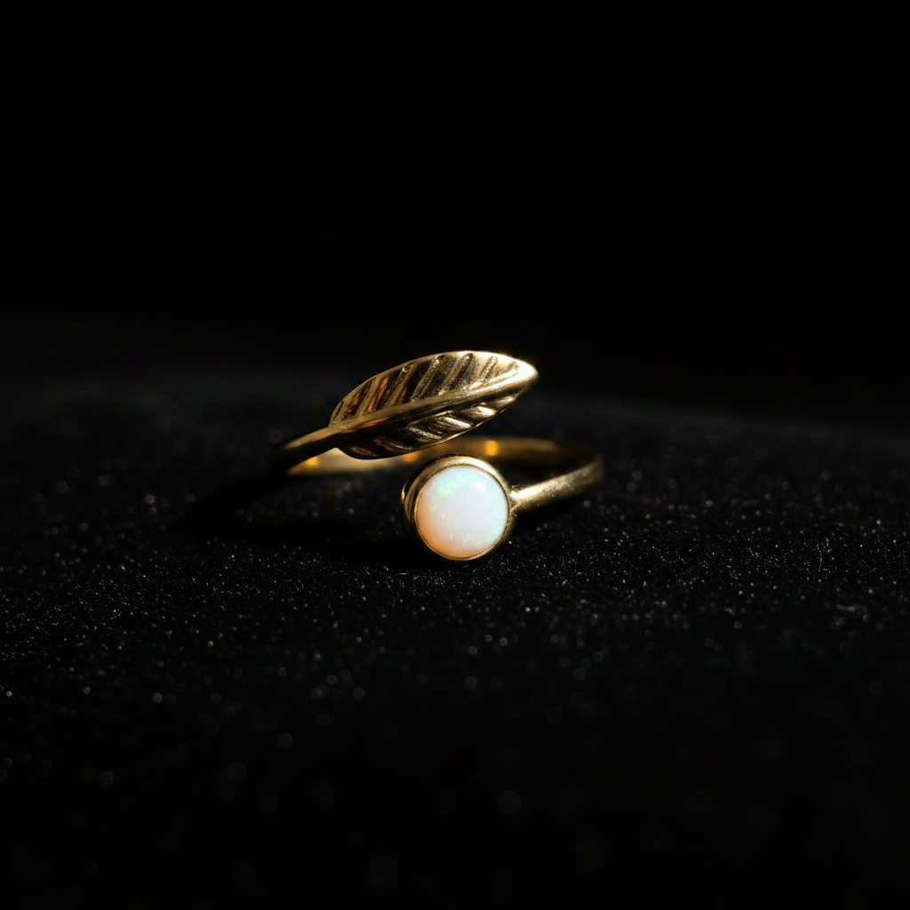 Gold leaf and white stone bypass open cuff ring on black velvet with dramatic rim lighting
