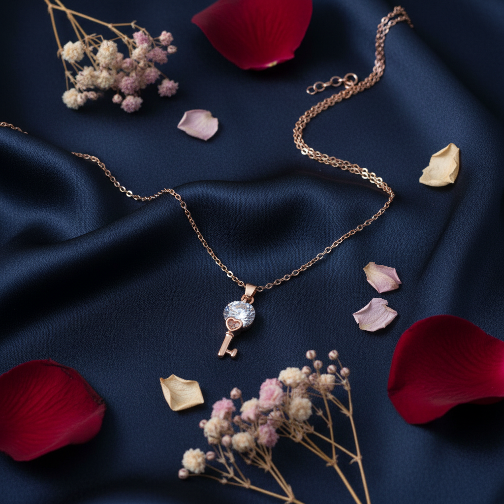Rose Gold Crystal & Key Charm Pendant Necklace