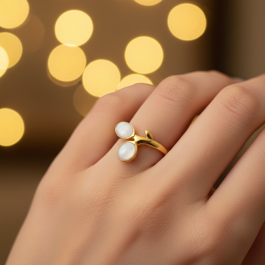 Gold double oval stone bypass open cuff ring worn on finger with warm golden bokeh