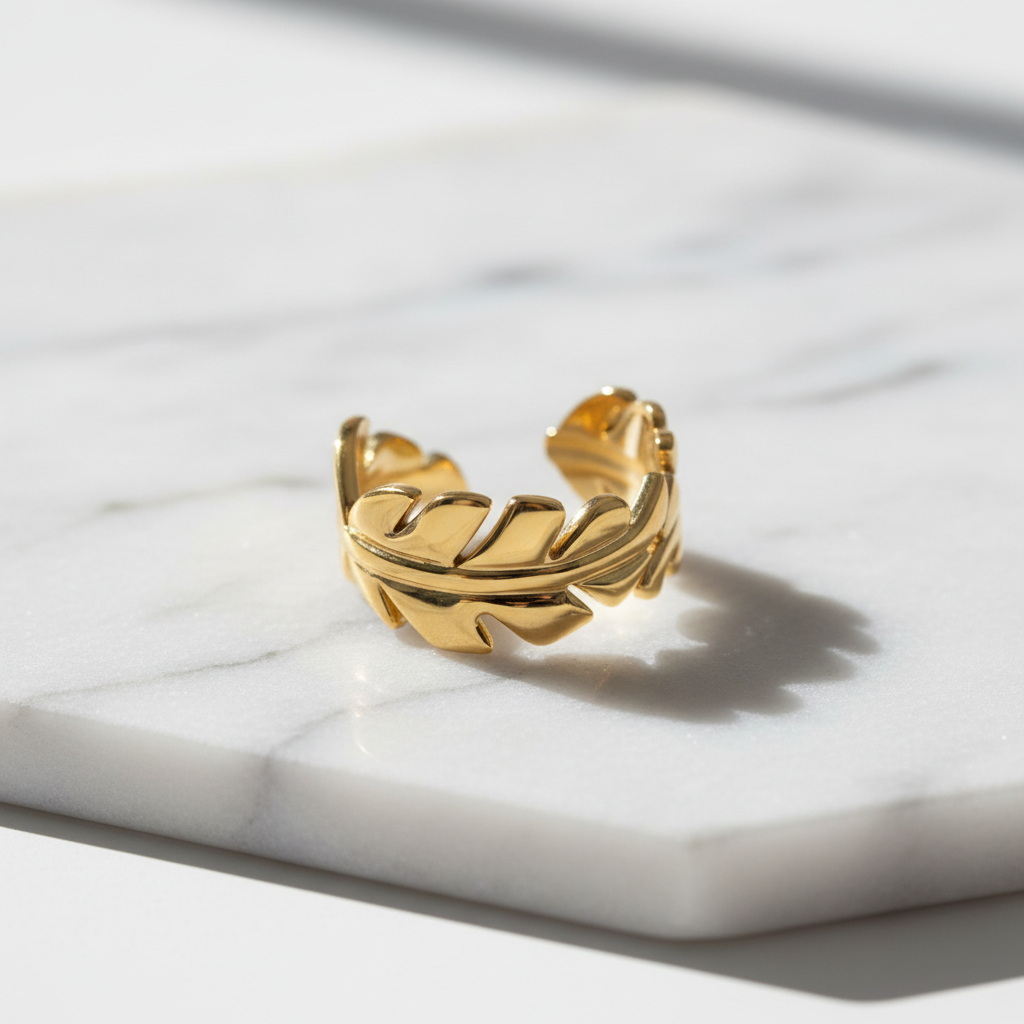 Gold Feather Leaf Open Ring - marble surface product shot