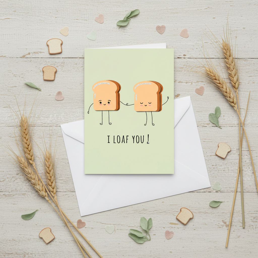 Flat lay composition of bread greeting card with envelope and decorative elements