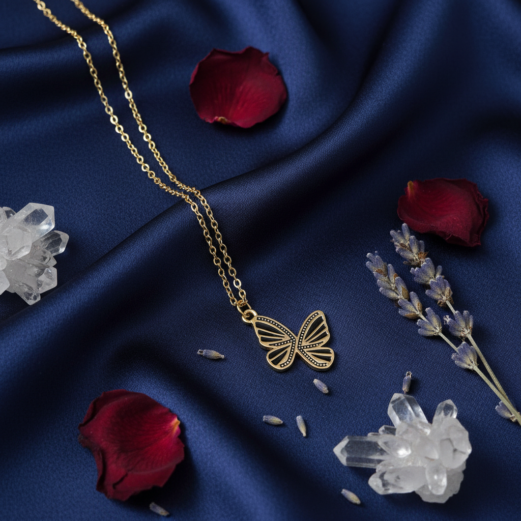 Black Enamel Butterfly Pendant Necklace – Gold Chain