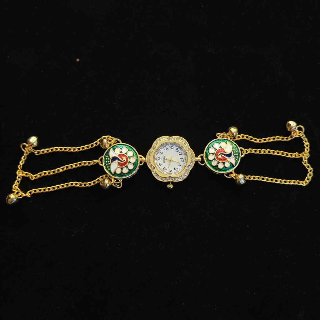 Round Meenakari Bracelet Watch - Dark Velvet Background