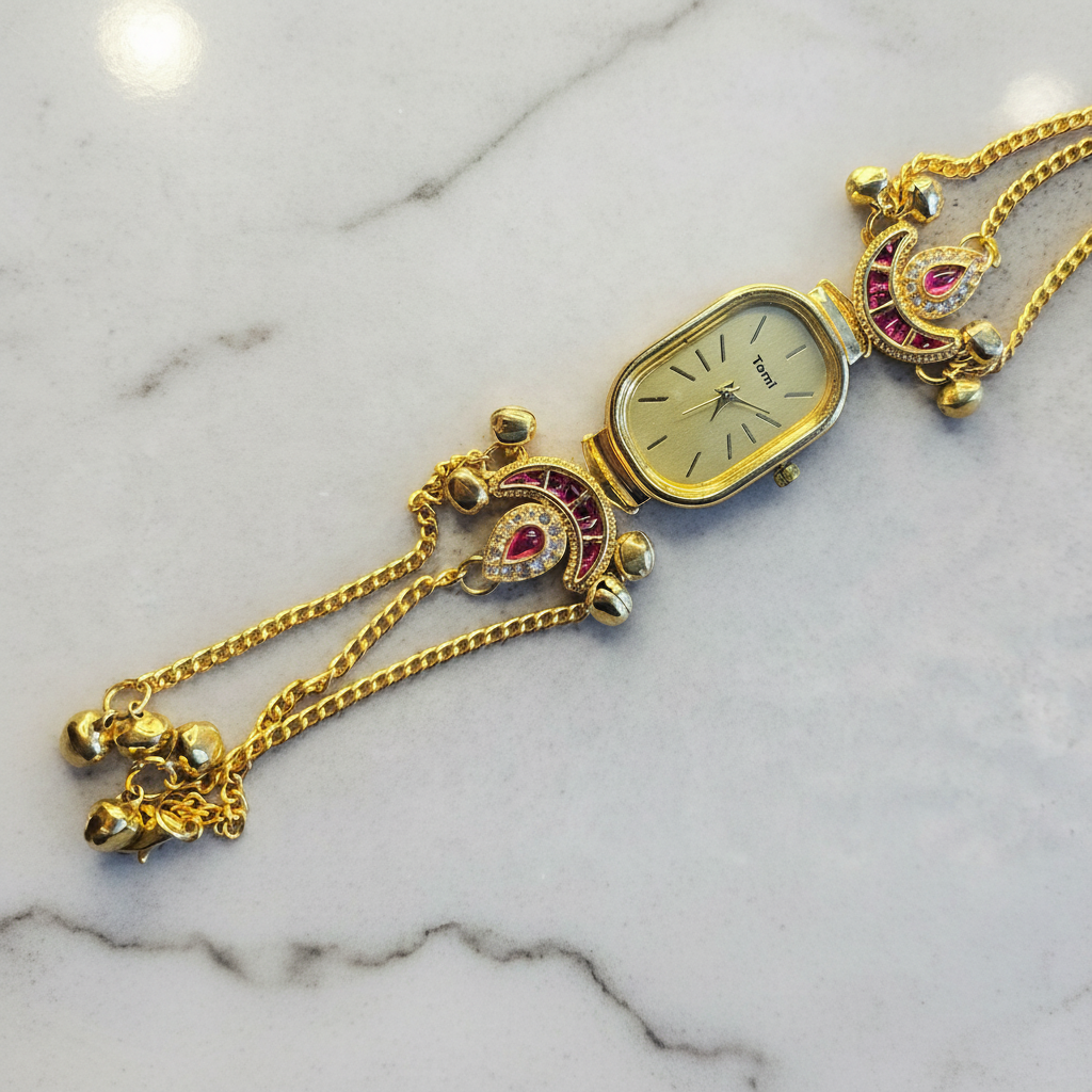 Peacock Charm Bracelet Watch Ruby Edition – studio product shot