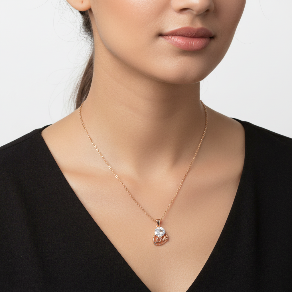 Crystal LOVE Heart Pendant Necklace – Gold Chain
