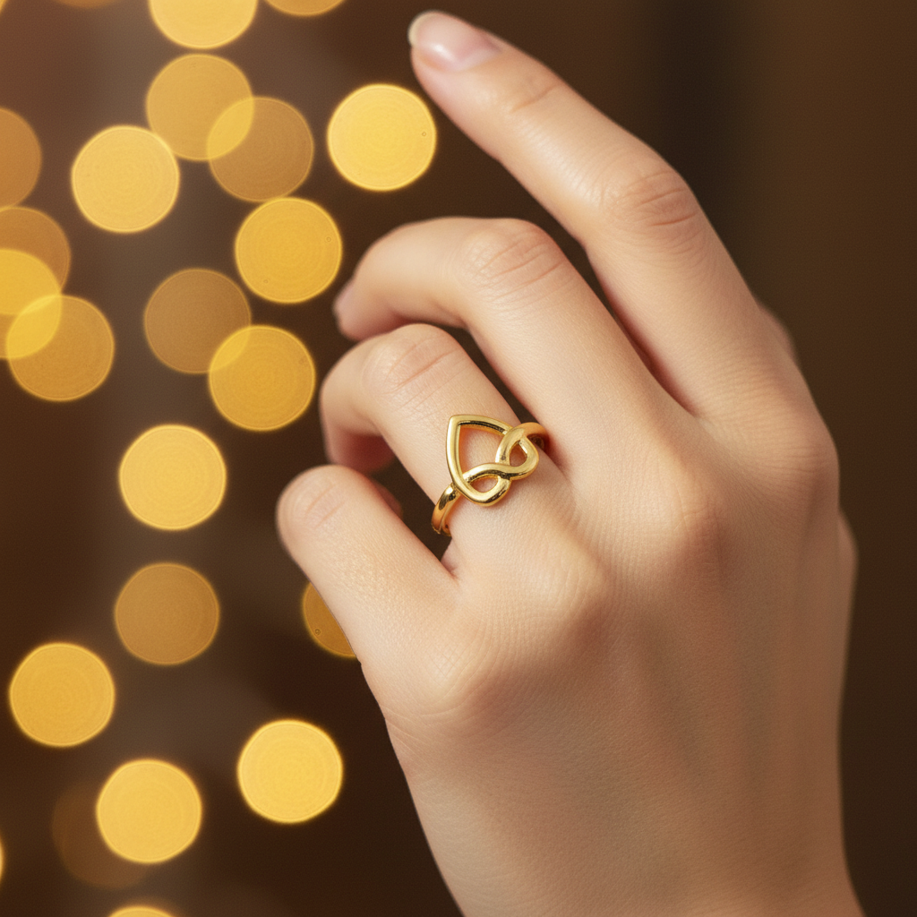 Gold infinity heart open cuff ring worn on finger with warm romantic bokeh
