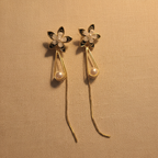 Gold Black Flower Pearl Drop Earrings