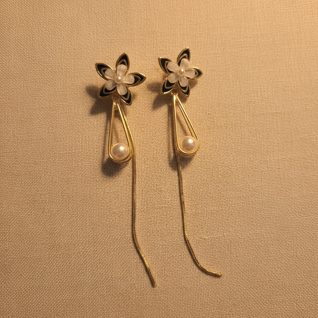 Gold Black Flower Pearl Drop Earrings