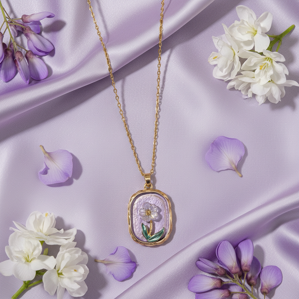 Gold Lavender Enamel Floral Pendant Necklace - White Flower & Teal Leaf
