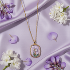Gold Lavender Enamel Floral Pendant Necklace - White Flower & Teal Leaf
