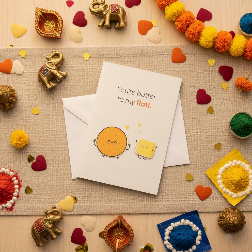 Flat lay composition of roti greeting card with envelope and sweet decorative elements