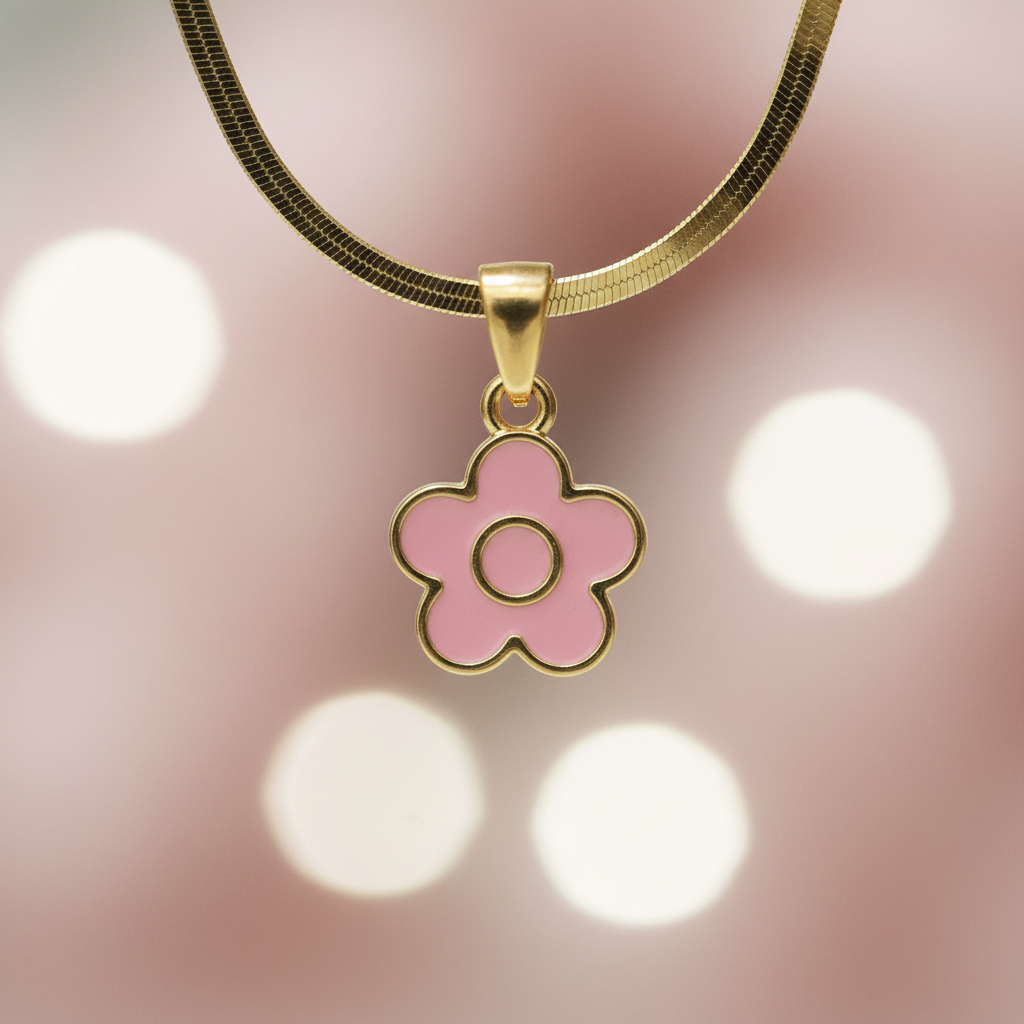 Pink Enamel Daisy Flower Pendant Necklace | Anti-Tarnish Gold Snake Chain