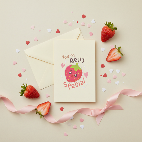 Flat lay composition of strawberry greeting card with envelope and decorative elements