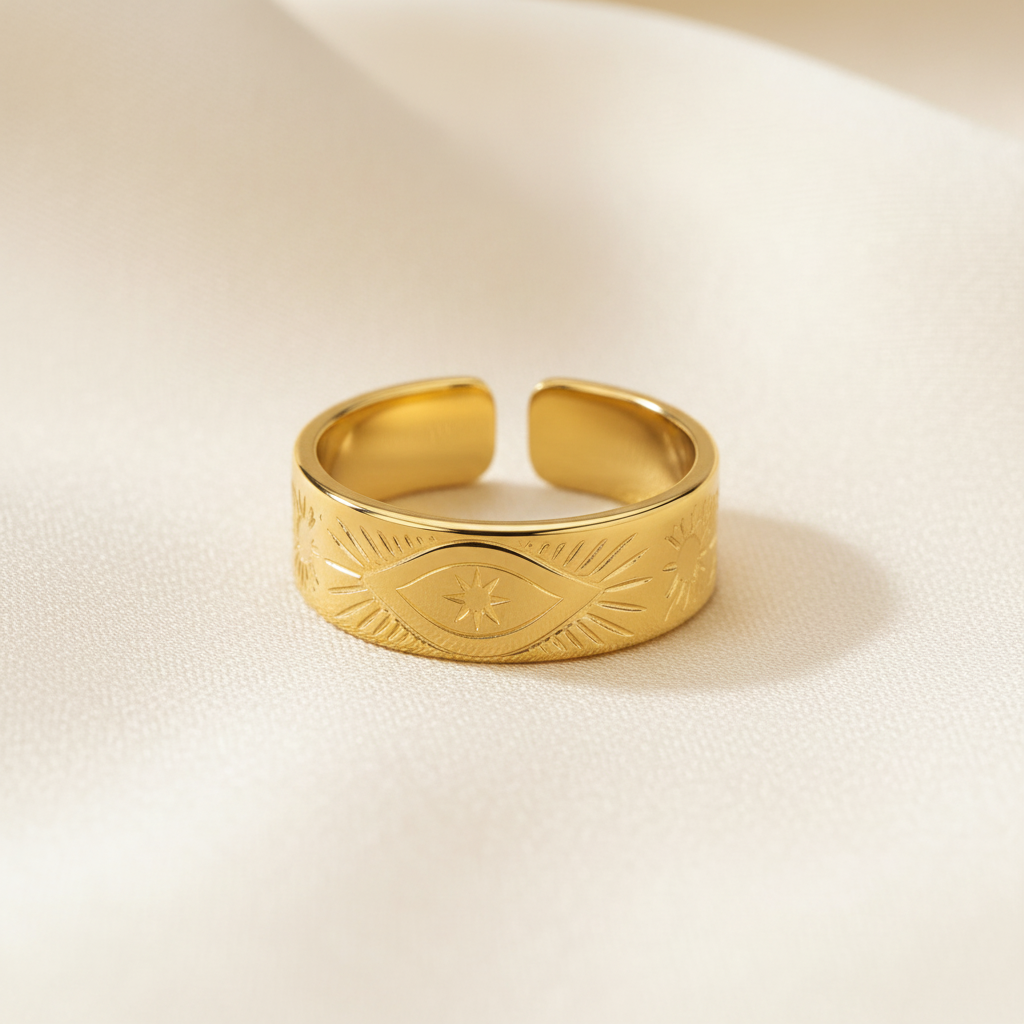 Gold Engraved Evil Eye Sunburst Wide Band Open Ring - cream silk fabric close-up