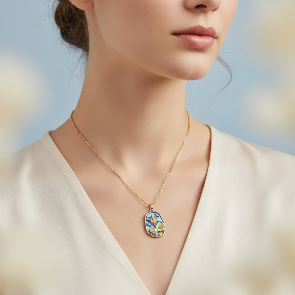 Gold Blue Enamel Floral Pendant Necklace - White Flower & Gold Centre