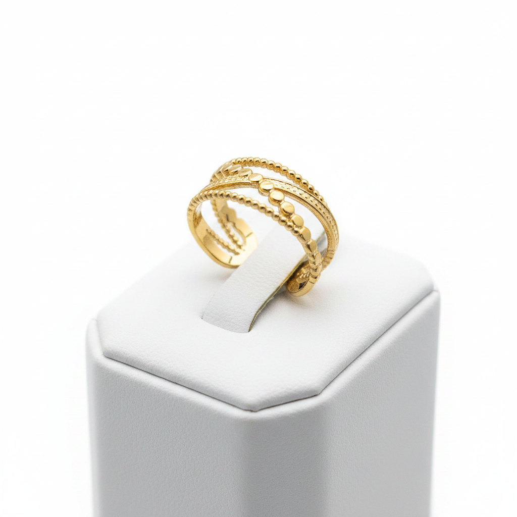 Gold double layer beaded heart open cuff ring on white jewelry stand, clean studio shot