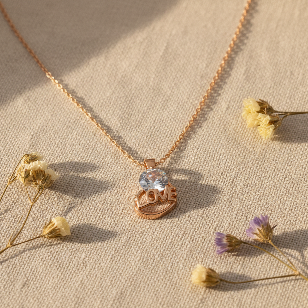 Crystal LOVE Heart Pendant Necklace – Gold Chain