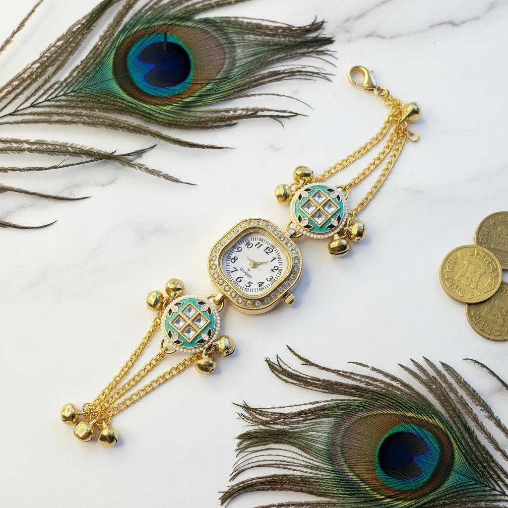 Teal Kundan Lattice Bracelet Watch - White Marble Editorial Flat Lay