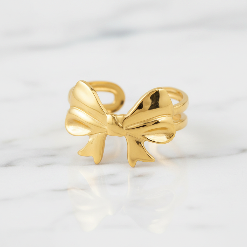 Gold Puffy 3D Bow Open Cuff Ring - white marble product shot