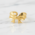 Gold Puffy 3D Bow Open Cuff Ring - white marble product shot