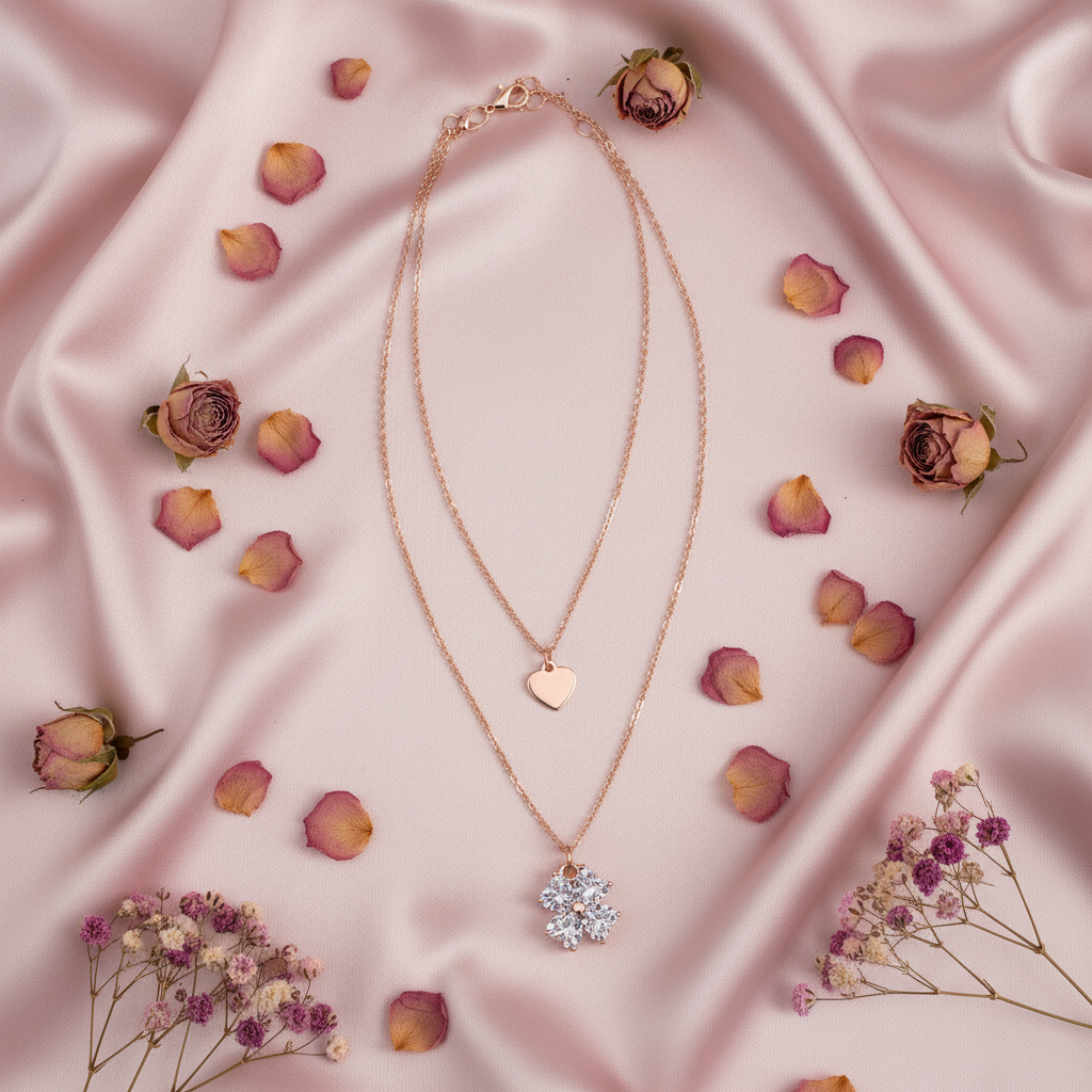 Rose Gold Double Layer Heart & Crystal Cluster Necklace - Plain Heart & 4 Crystal Hearts
