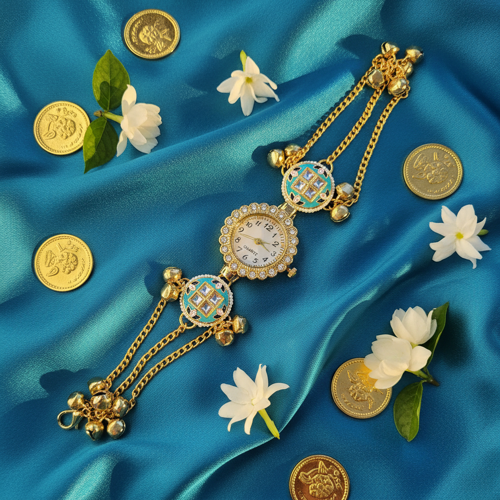 Teal Kundan Lattice Bracelet Watch - Teal Silk Bridal Flat Lay