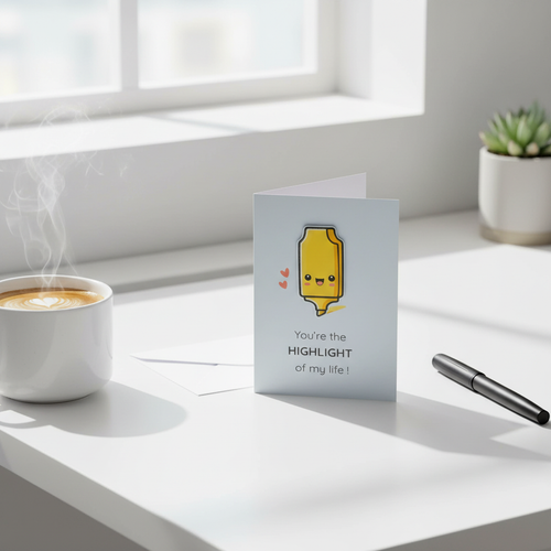 3D Greeting Card lifestyle photo on desk with coffee cup