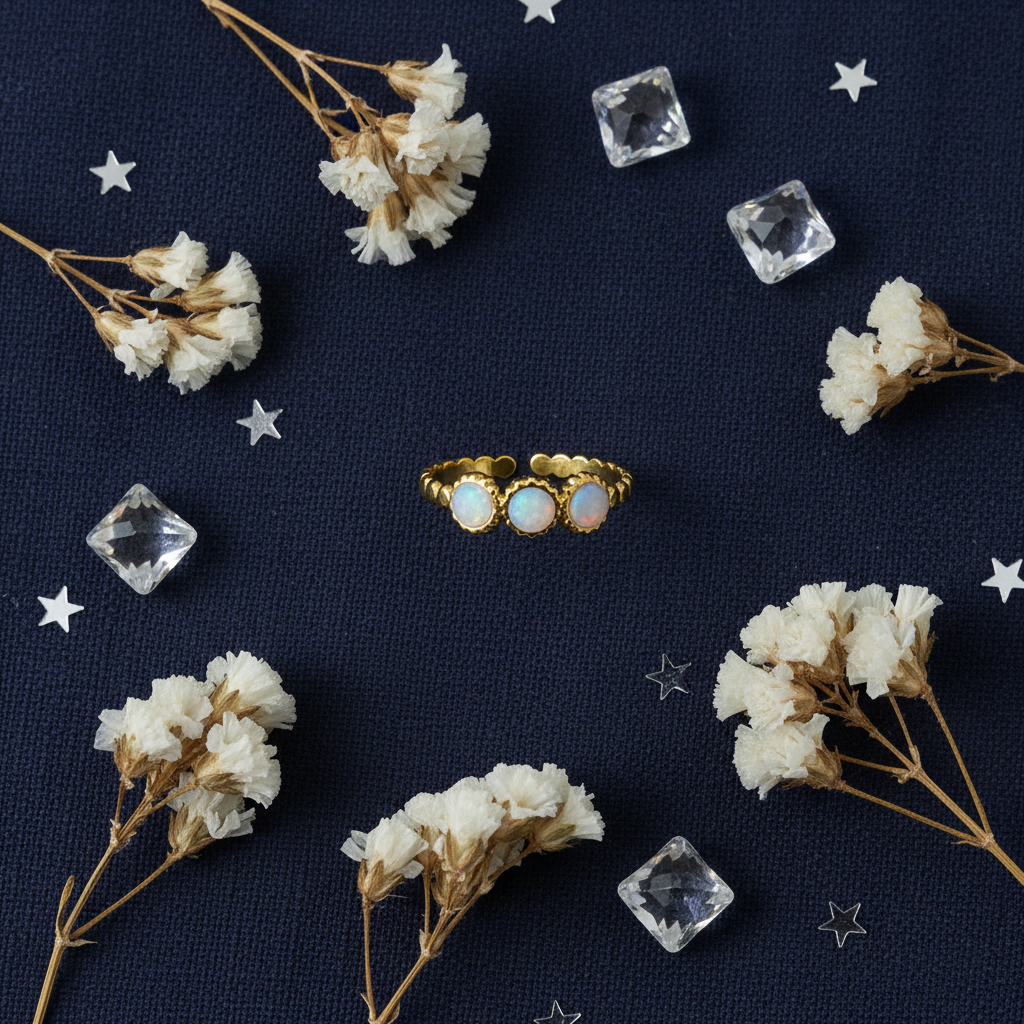 Gold triple moon phase opal ring flat lay with crystals and star confetti on navy linen