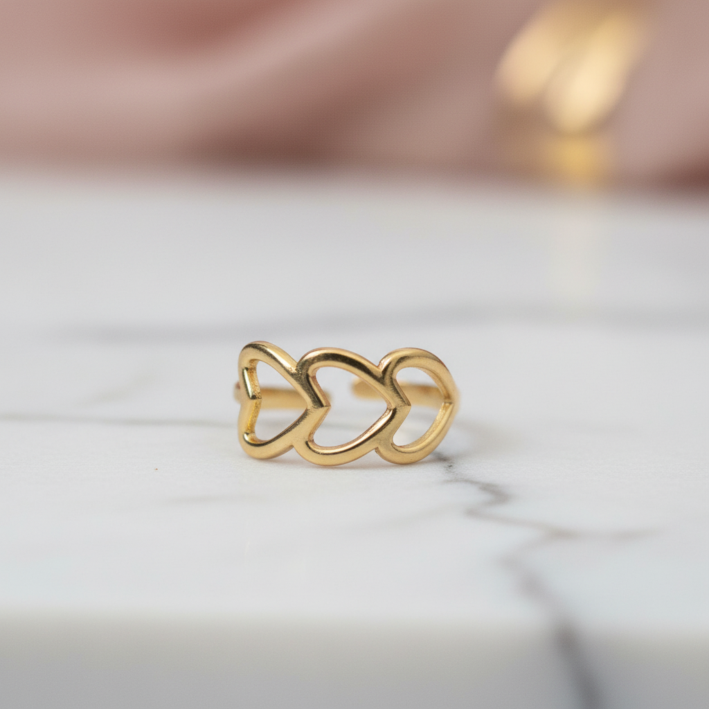 Gold Triple Open Heart Adjustable Ring - Romantic Linked Hearts Ring