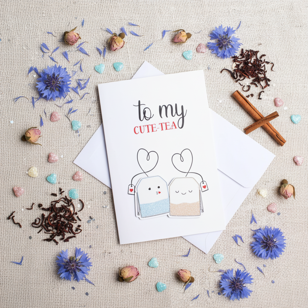 Flat lay composition of tea greeting card with envelope and decorative elements