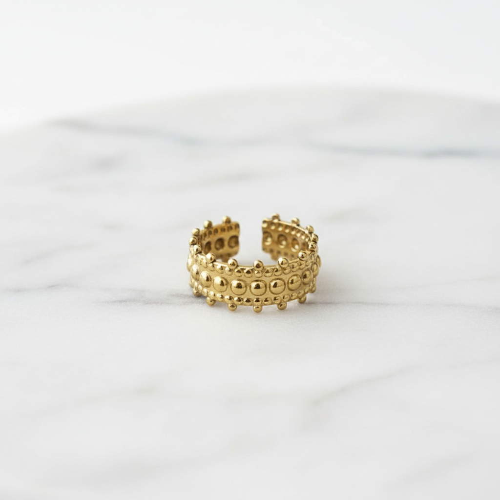 Gold Lace Beaded Crown Wide Band Open Ring - white marble product shot