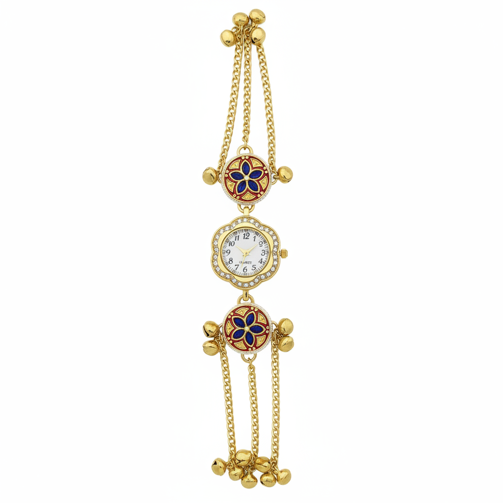 Kundan Filigree Bracelet Watch - White Background Studio Shot