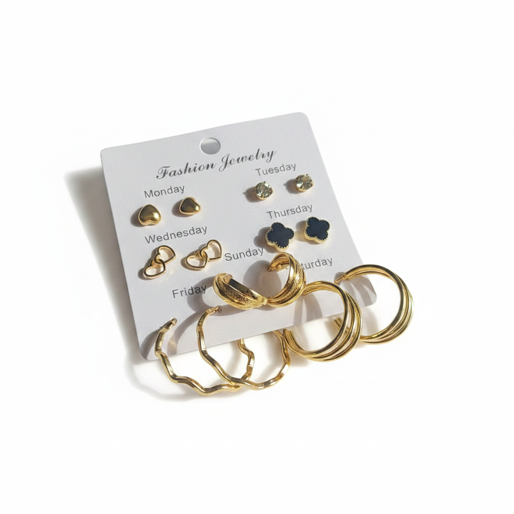 7-Pair Gold Earring Set - White Flat Lay
