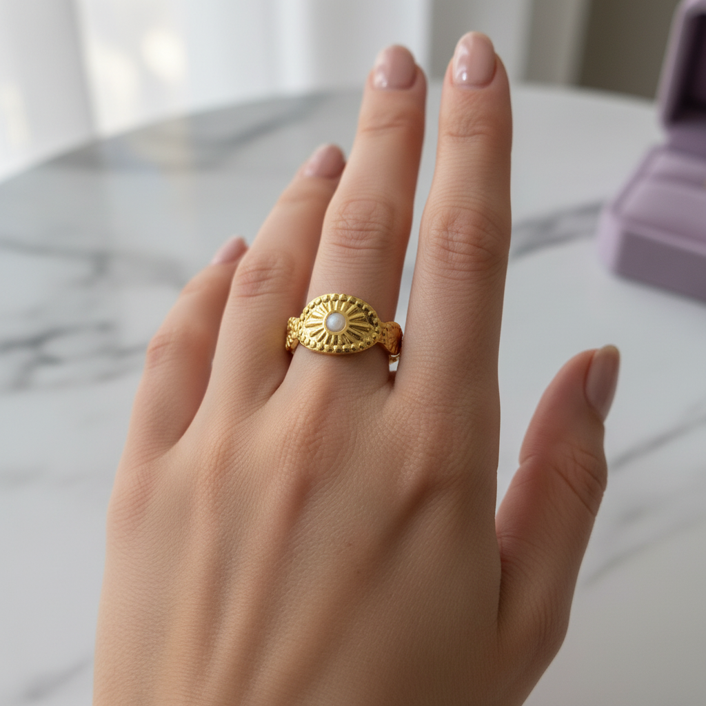 Gold Sunburst Medallion Open Cuff Ring | Anti-Tarnish