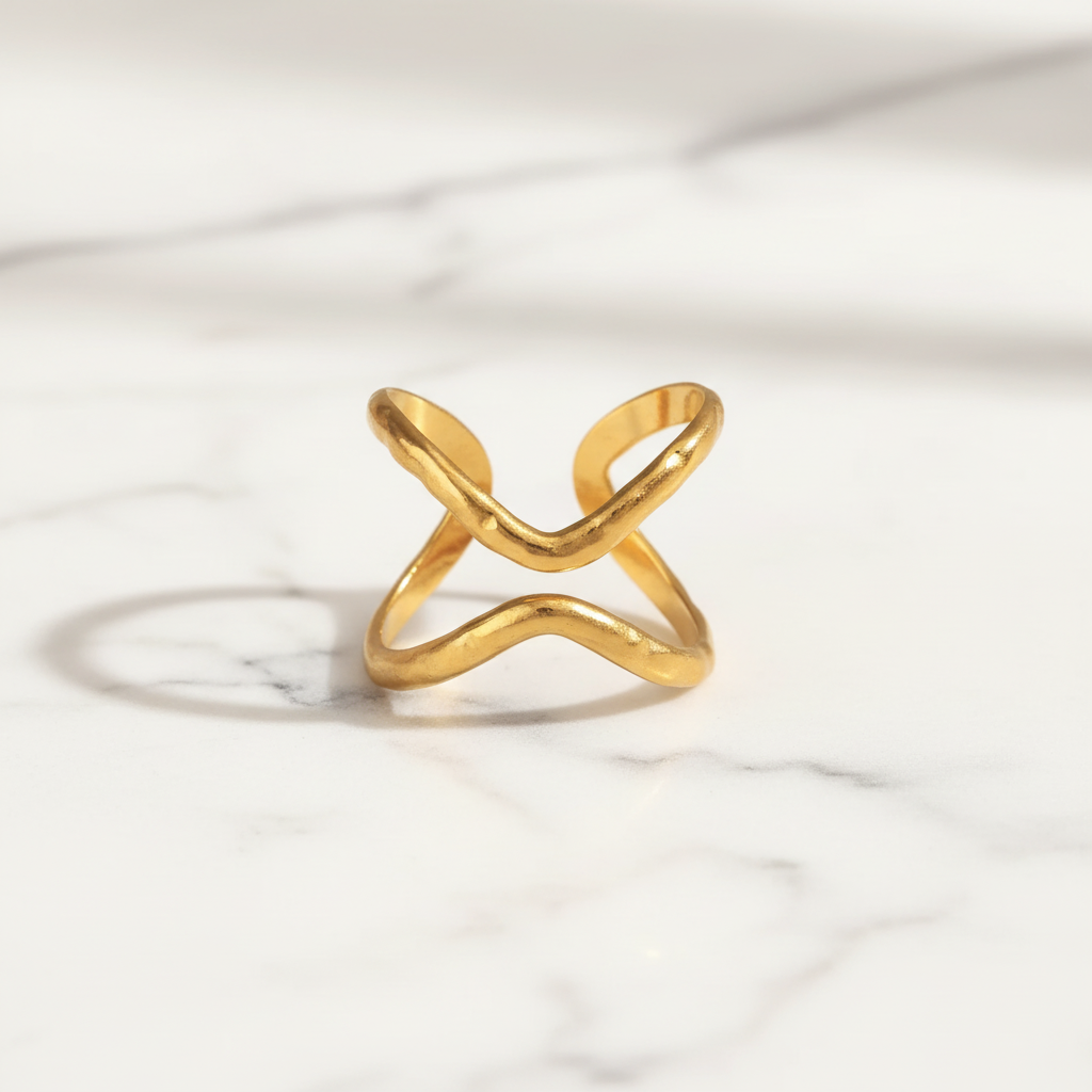 Gold Hammered Double X Crossover Open Cuff Ring - white marble product shot
