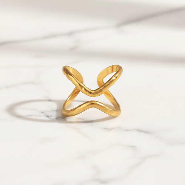 Gold Hammered Double X Crossover Open Cuff Ring