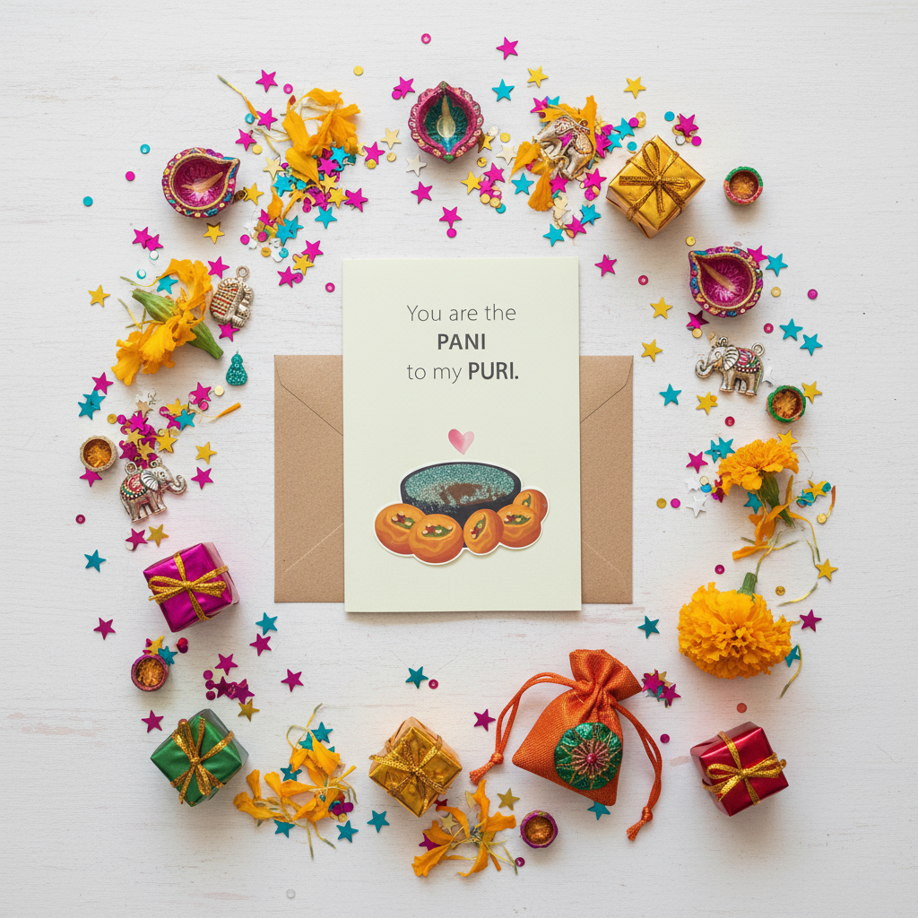 Flat lay composition of pani puri greeting card with envelope and fun decorative elements