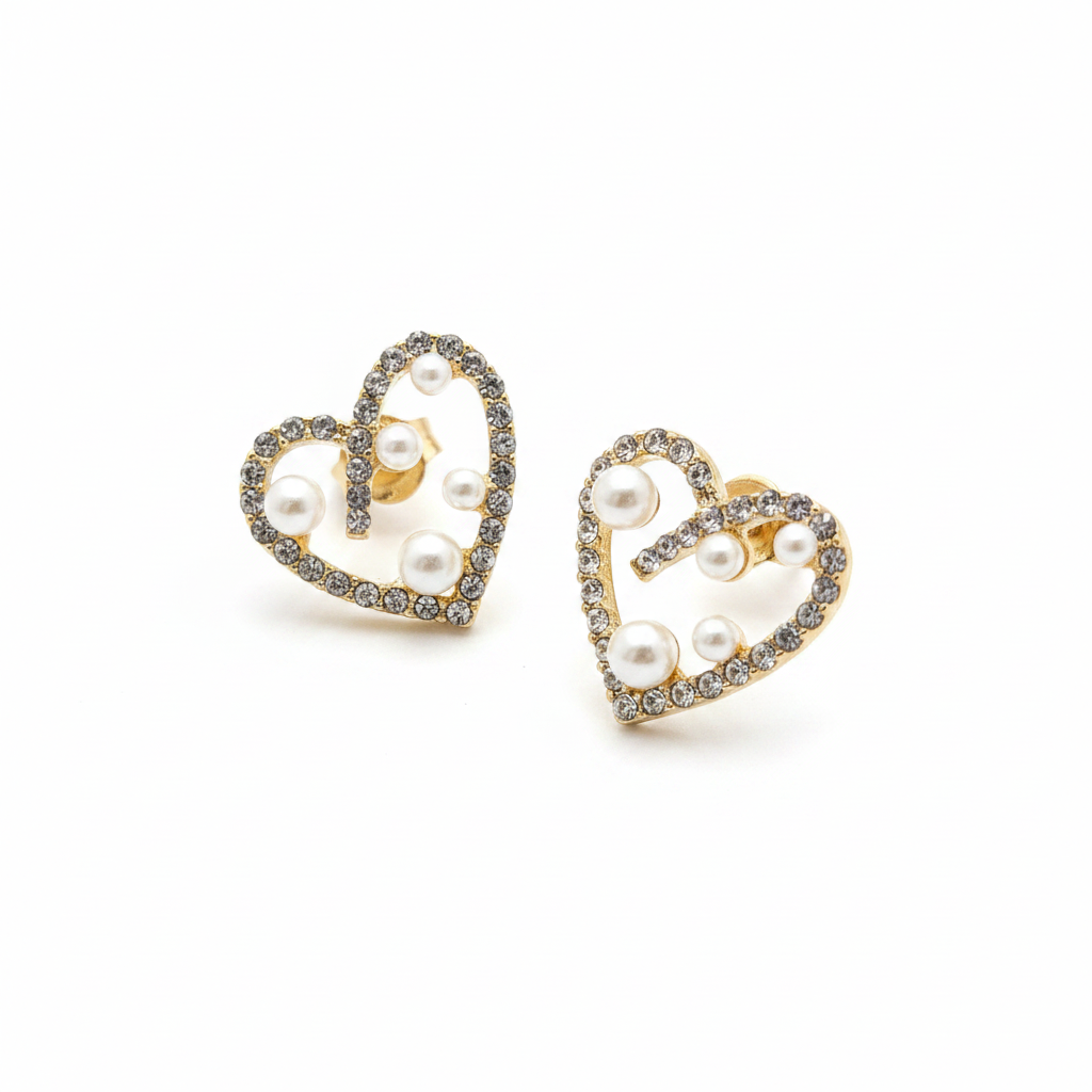Heart Crystal Pearl Stud Earrings