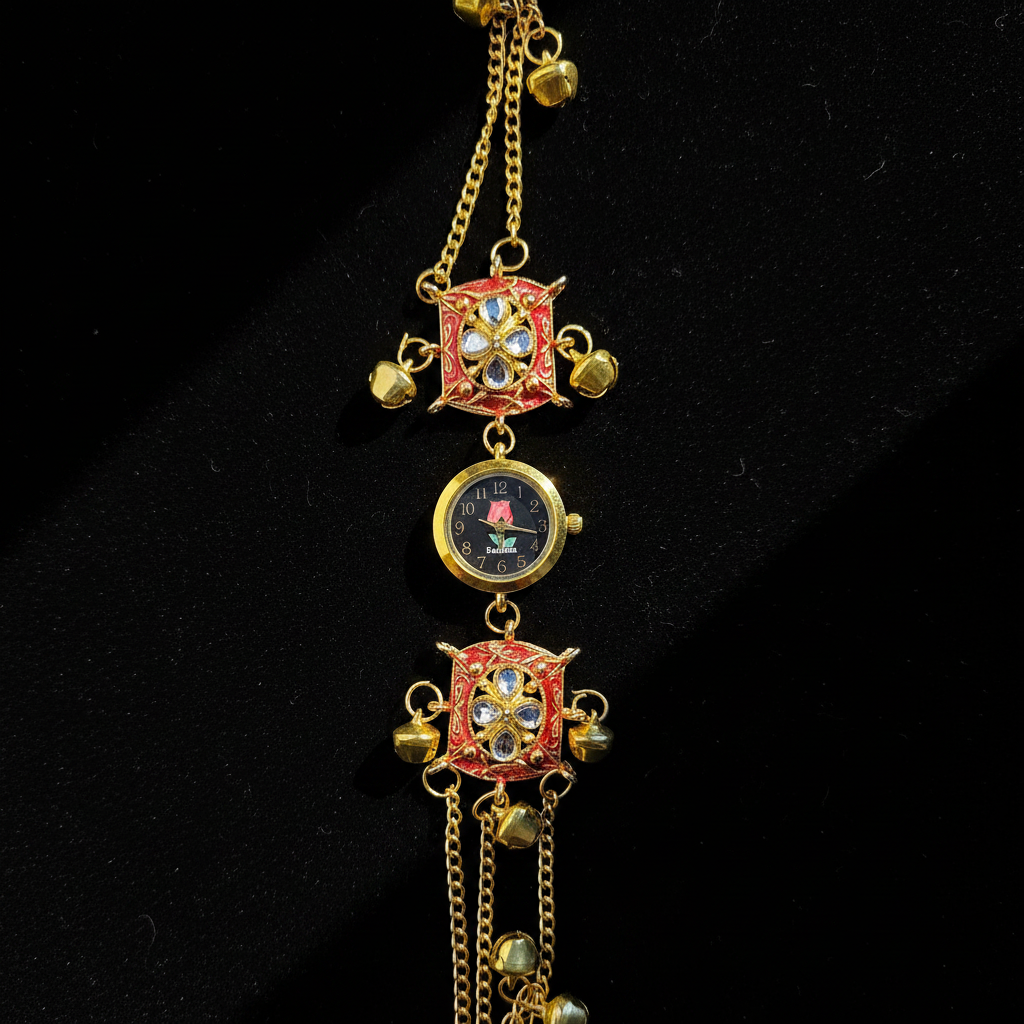 Red Meenakari Star Charm Bracelet Watch - Dark Velvet Background