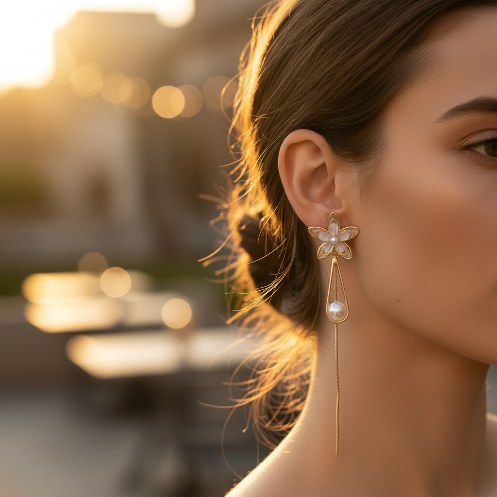 Gold Crystal Flower Pearl Drop Earrings